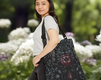 Black Gothic Floral Canvas Tote: Victorian Style Crossbody Bag