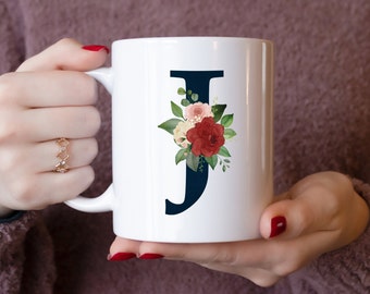 Personalized Dark Navy Floral Initial Mug, Personalized Birthday Gift, Customized Mug, Personalized Mug , Custom Christmas mug