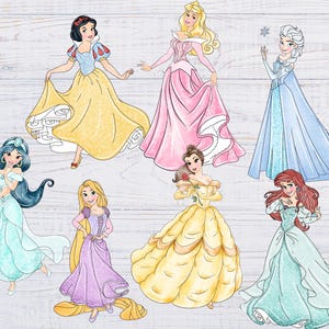 May include: Watercolor illustrations of eight Disney princesses in their iconic gowns. Snow White in yellow, Aurora in pink, Elsa in blue, Jasmine in turquoise, Rapunzel in purple, Belle in yellow, and Ariel in a seafoam green dress.
