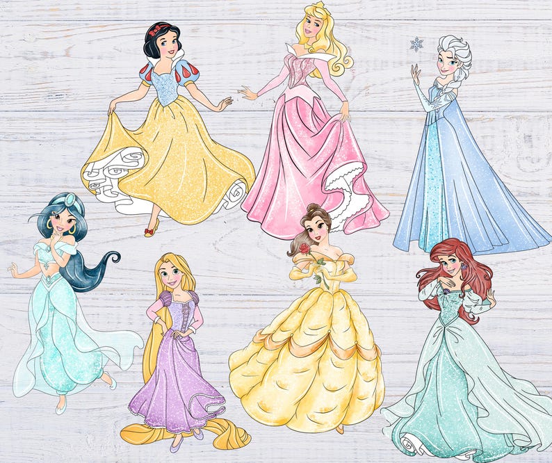 May include: Watercolor illustrations of eight Disney princesses in their iconic gowns. Snow White in yellow, Aurora in pink, Elsa in blue, Jasmine in turquoise, Rapunzel in purple, Belle in yellow, and Ariel in a seafoam green dress.