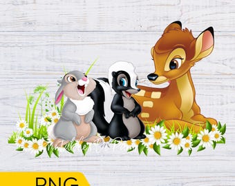 May include: A digital illustration of Bambi the deer, Thumper the rabbit, and Flower the skunk. The characters are surrounded by white daisies and green leaves.