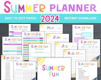 Planificador de verano editable 2024, Planificador de tareas de verano imprimible para niños, Tabla de tareas de verano, Calendario de verano, Horario de tareas para niños, Planificador de trabajos de verano