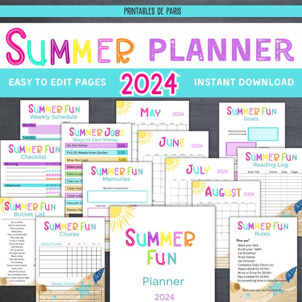 Planificador de verano editable 2024, Planificador de tareas de verano imprimible para niños, Tabla de tareas de verano, Calendario de verano, Horario de tareas para niños, Planificador de trabajos de verano