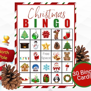 Kerstbingo, afdrukbare kerstbingokaarten, kerstfeest klasspel, 30 unieke bingokaarten direct downloaden, vakantiebingospel