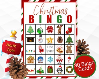 May include: A printable Christmas Bingo card with 30 cards included. The card features a variety of Christmas-themed images, including a snowman, a Christmas tree, a stocking, a gingerbread house, and a star. The card also includes a free space.