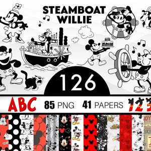 May include: Black and white digital art featuring Mickey Mouse in various poses, including driving a steamboat and holding a cake. The image includes the text "Steamboat Willie", "126", "ABC", "85 PNG", "41 PAPERS", and "123". A collection of patterned papers is shown at the bottom.