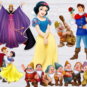 May include: A collection of Snow White and the Seven Dwarfs characters, including Snow White, the Evil Queen, Prince Charming, and the Seven Dwarfs. The characters are depicted in a cartoon style and are set against a wooden background.