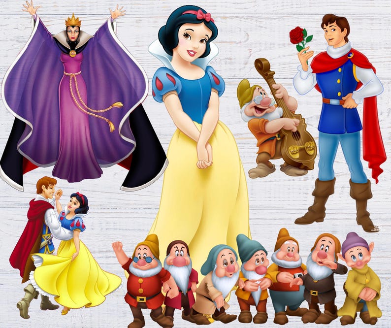 May include: A collection of Snow White and the Seven Dwarfs characters, including Snow White, the Evil Queen, Prince Charming, and the Seven Dwarfs. The characters are depicted in a cartoon style and are set against a wooden background.