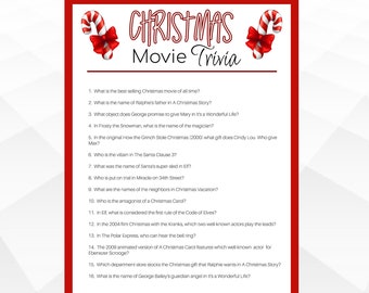 Op de afbeelding: Een printbaar kerstfilm-trivia-spel met 16 vragen. De vragen gaan over populaire kerstfilms zoals "A Christmas Story", "It's a Wonderful Life", "Elf" en "Miracle on 34th Street".