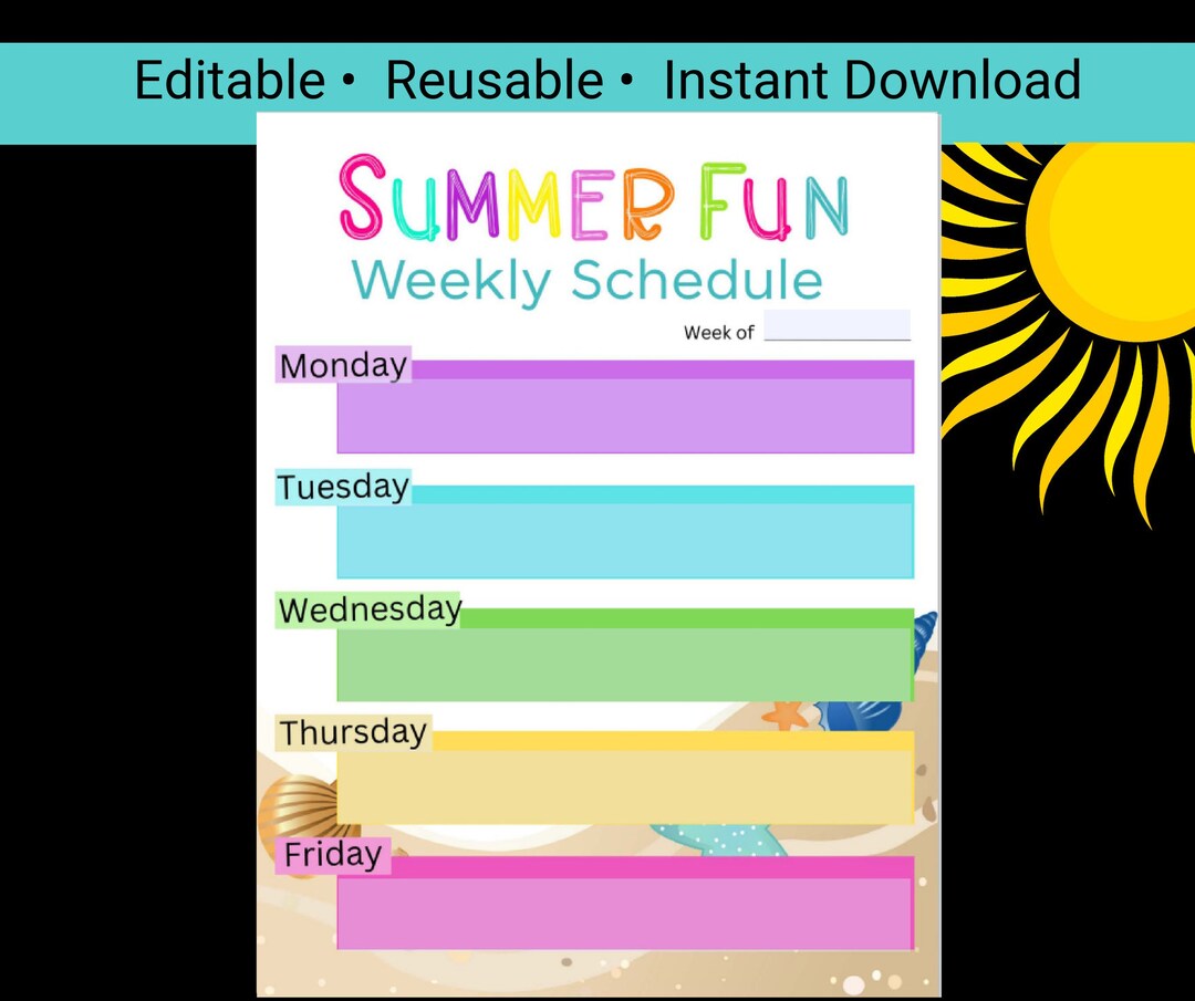Editable Summer Weekly Daily Schedule for Kids, Printable Summer Kids ...