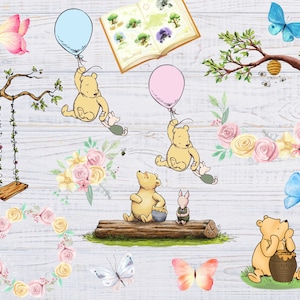 以下が含まれることがあります： 水彩イラスト、くまのプーさんと仲間たち、蝶と花。画像には、プーさん、ピグレット、風船、ブランコ、本が描かれており、白い木の背景が使われています。全体的に子供向けのテーマで、可愛らしい雰囲気です。
