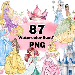 May include: Watercolor bundle featuring illustrations of various princesses in colorful gowns, a pink crown, and a castle. The text "87 Watercolor Bundle PNG" is displayed on a pink background.