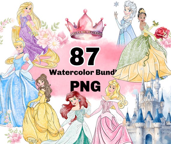 Watercolor Princess PNG Clipart, Princess Sublimation, Hand drawn Princesses and Castles