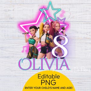 Peut inclure: Graphique numérique avec trois chanteuses animées tenant des micros, un grand chiffre 8 et le nom "Olivia". Le design comprend une étoile au néon et des notes de musique. Le texte en bas indique "Editable PNG" et "Entrez le nom et l'âge de votre enfant!"