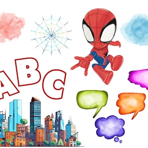 Puede incluir: Ilustraci&oacute;n de dibujos animados con Spider-Man, un paisaje urbano, bocadillos y las letras A, B y C. La imagen tambi&eacute;n incluye elementos de acuarela. La paleta de colores es vibrante, con tonos rojos, azules y verdes.