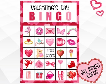 Valentine's Day Bingo, Valentine Printable Bingo Cards, Valentine's Party Classroom Game, 30 Unique Bingo Cards Instant Download