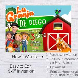 May include: A colorful invitation for a 3-year-old's birthday party at a farm. The invitation features a cartoon farm scene with a red barn, a horse, a rooster, and a parrot. The text on the invitation reads "La Granja de Diego Cumple 3 Anos Domingo 22 de Julio 1-3PM 357 San Bernard Way".