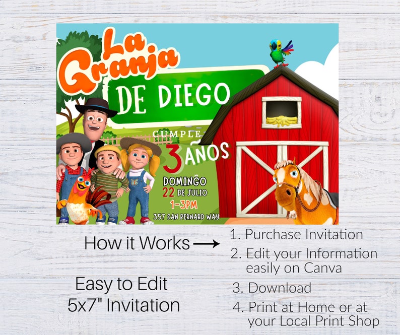 May include: A colorful invitation for a 3-year-old's birthday party at a farm. The invitation features a cartoon farm scene with a red barn, a horse, a rooster, and a parrot. The text on the invitation reads "La Granja de Diego Cumple 3 Anos Domingo 22 de Julio 1-3PM 357 San Bernard Way".