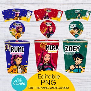 Peut inclure: Ensemble de modèles de gobelets de ramen PNG modifiables. Les modèles présentent des illustrations de femmes avec des noms comme Rumi, Mira et Zoey. Chaque gobelet a une palette de couleurs et une description de saveur uniques, comme "Superstar Flavor", "Spicy Queen" et "Hamburger".