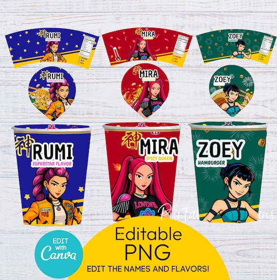EDITABLE Kpop Demon Hunters Ramen Noodle Labels, K-Pop Birthday png, Kpop Huntrix Ramen, Mira Rumi Zoey, Kpop party cup noodles