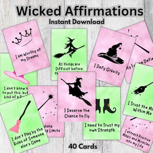 Tarjetas de afirmación malvadas, citas musicales malvadas, citas que desafían la gravedad, tarjetas de pensamiento positivo imprimibles para fanáticos de Wicked
