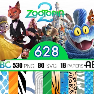Puede incluir: Un paquete de arte digital con personajes de Zootopia 2, incluyendo Judy Hopps, Nick Wilde y otros. La imagen incluye el texto "628", "530 PNG", "80 SVG" y "18 PAPERS". Una hoja de patrones coloridos en la parte inferior.