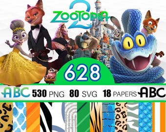 Paquete PNG SVG de Zootopia 2, imágenes prediseñadas y papel digital de Zootopia, incluye Judy Hoops y Nick Wilde, imágenes PNG SVG para camisetas, adornos para tartas de cumpleaños