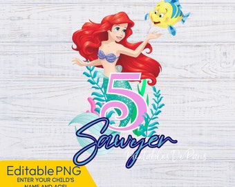 REDIGERBAR Lilla sjöjungfrun PNG, Lilla sjöjungfrun födelsedag png, original Lilla sjöjungfrun Clipart digital nedladdning skjorta, tårtdekoration