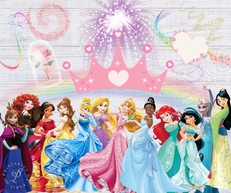 May include: A digital illustration of 10 Disney princesses standing together in front of a rainbow and a pink crown. The princesses are wearing their iconic dresses and have their signature hairstyles. The background is a light wood grain texture.