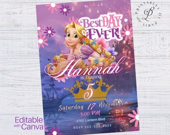 Invitation d’anniversaire emmêlée, invitation d’anniversaire Raiponce, invitation d’anniversaire de princesse, invitation modifiable du meilleur jour de tous les temps