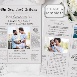 Programa de bodas de periódico, Programa de plantillas imprimibles, Itinerario, Programa único de anuncios de bodas, Editable, Plantilla de bienvenida de bodas