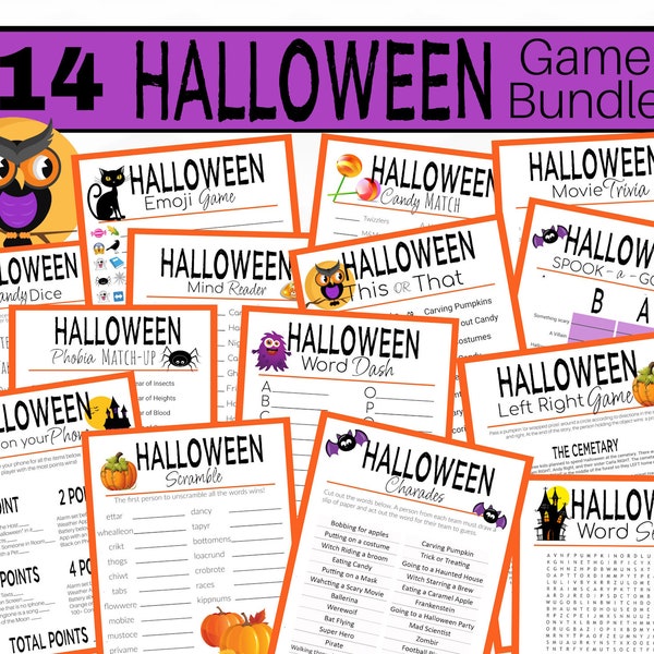 Paquete de juegos imprimibles de Halloween, 14 juegos de fiesta de Halloween, juegos familiares de fiesta de Halloween adultos adolescentes trivia de Halloween, actividades de Halloween