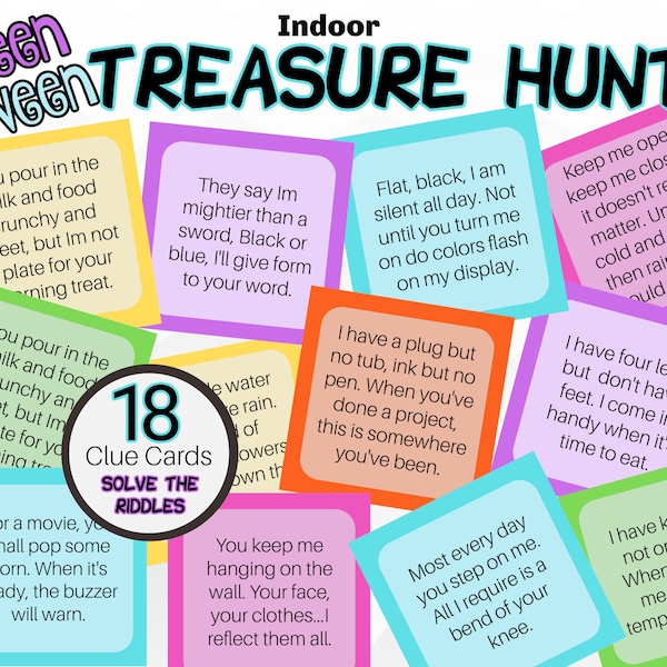 Teen Tween Indoor Treasure Hunt, Teen Tween Scavenger Hunt Game, Summer Riddle Clu Cards, Printable Clue Cards for Birthday Parties