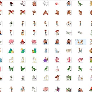Puede incluir: Una cuadr&iacute;cula de ilustraciones de personajes de dibujos animados, incluyendo a Woody, Buzz Lightyear y otros personajes de la franquicia Toy Story. Las im&aacute;genes est&aacute;n en una variedad de poses y estilos, con un fondo blanco.