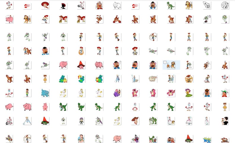 Puede incluir: Una cuadr&iacute;cula de ilustraciones de personajes de dibujos animados, incluyendo a Woody, Buzz Lightyear y otros personajes de la franquicia Toy Story. Las im&aacute;genes est&aacute;n en una variedad de poses y estilos, con un fondo blanco.