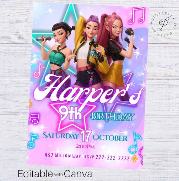 Kpop Demon Hunters Birthday Invitation, Huntrix Party Invite, Editable Birthday Invitation, Easy to Edit