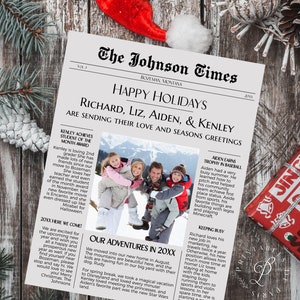 クリスマス新聞、クリスマスカードテンプレート、クリスマスレター、ホリデーニュースレター、家族のニュース、クリスマス文房具、印刷可能なテンプレート
