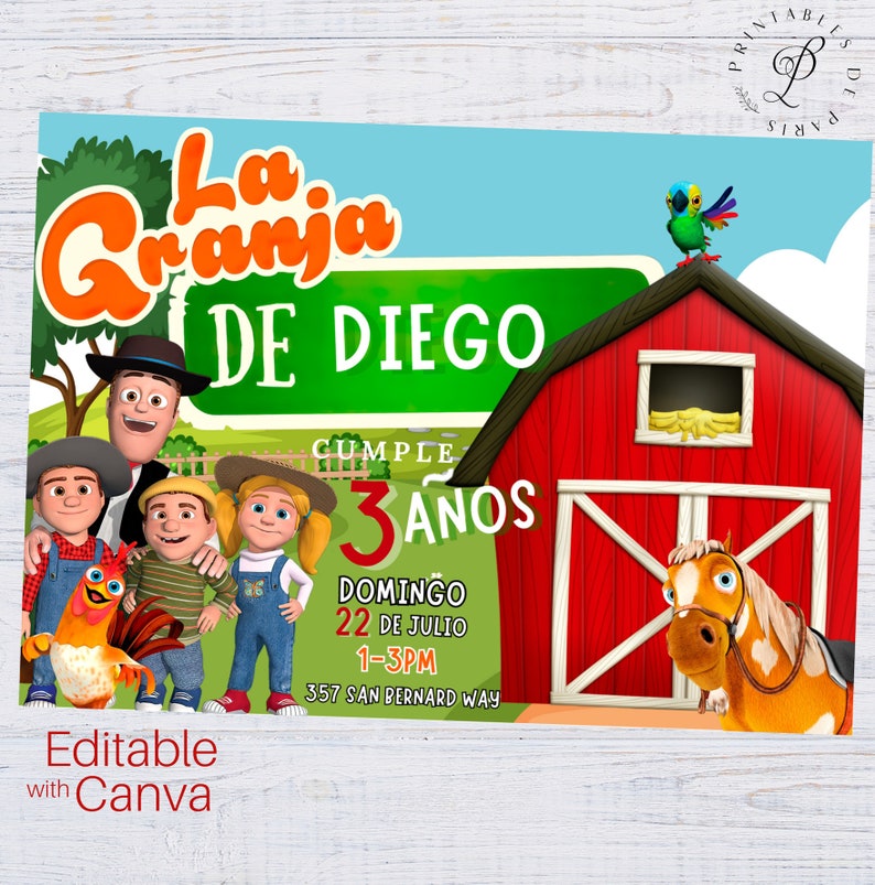 May include: A colorful invitation for a 3rd birthday party with a farm theme. The invitation features a red barn with a horse peeking out, a rooster, and a group of cartoon characters. The text on the invitation reads "La Granja de Diego Cumple 3 Anos Domingo 22 de Julio 1-3PM 357 San Bernard Way".