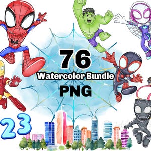 May include: A watercolour bundle graphic featuring superheroes such as Spider-Man, Hulk, and Iron Man. The image includes the text "76 Watercolor Bundle PNG" and a cityscape with the numbers "123". The characters are in bright colours.