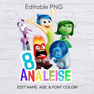 EDITABLE Inside Out PNG, Inside Out Cumpleaños png, Camisa Inside Out Clipart, Topper de pastel Inside Out, Edad de cumpleaños Inside Out