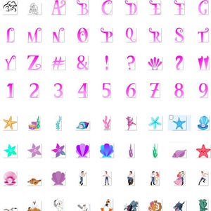 May include: A pink and white alphabet with a mermaid theme. The letters are stylized and include numbers, symbols, and images of seashells, starfish, and seaweed.