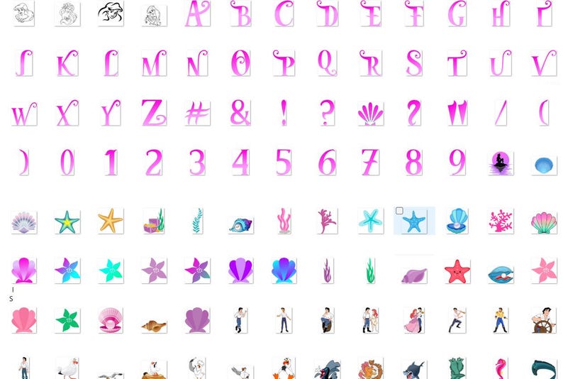 May include: A pink and white alphabet with a mermaid theme. The letters are stylized and include numbers, symbols, and images of seashells, starfish, and seaweed.