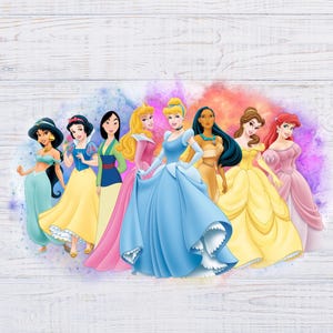 May include: Illustration of eight Disney princesses in their iconic gowns. The princesses are set against a colorful, watercolor-style background. The princesses include Jasmine, Snow White, Mulan, Aurora, Cinderella, Pocahontas, Belle, and Ariel.