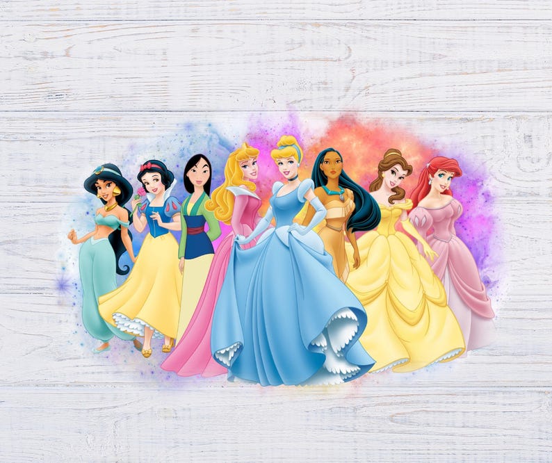 May include: Illustration of eight Disney princesses in their iconic gowns. The princesses are set against a colorful, watercolor-style background. The princesses include Jasmine, Snow White, Mulan, Aurora, Cinderella, Pocahontas, Belle, and Ariel.