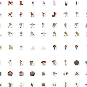 Puede incluir: Una colecci&oacute;n de pegatinas de varios personajes de dibujos animados, incluyendo Buzz Lightyear, Woody y otros personajes de la franquicia Toy Story. Las pegatinas est&aacute;n en marcos cuadrados individuales, con fondos blancos.