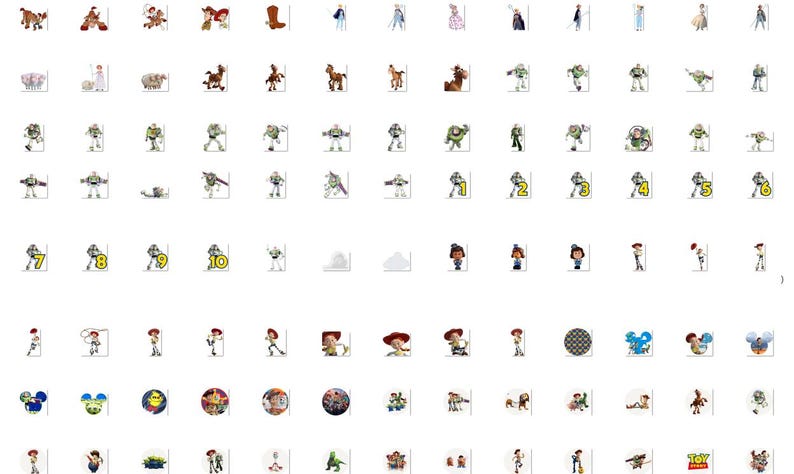 Puede incluir: Una colecci&oacute;n de pegatinas de varios personajes de dibujos animados, incluyendo Buzz Lightyear, Woody y otros personajes de la franquicia Toy Story. Las pegatinas est&aacute;n en marcos cuadrados individuales, con fondos blancos.