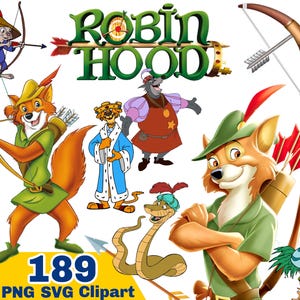 Può includere: Una collezione di illustrazioni di cartoni animati colorati con personaggi del film "Robin Hood". Le immagini includono Robin Hood, Little John e altri personaggi con archi e frecce. Il testo "Robin Hood" è visualizzato in verde.