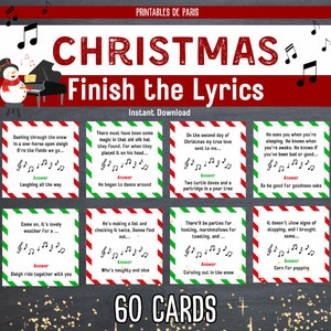 Christmas Carol Finish the Lyrics Game, Christmas Printable Game, Printable Christmas Finish the Phrase Game, Christmas Song Trivia Game