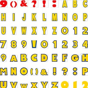 May include: A digital alphabet and number set featuring bold yellow characters with a dark blue outline. The collection includes uppercase letters A through Z, numbers 0 through 9, and various punctuation marks like exclamation points, question marks, and ampersands.