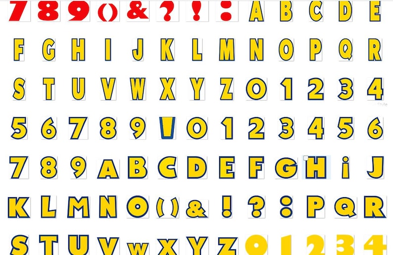May include: A digital alphabet and number set featuring bold yellow characters with a dark blue outline. The collection includes uppercase letters A through Z, numbers 0 through 9, and various punctuation marks like exclamation points, question marks, and ampersands.